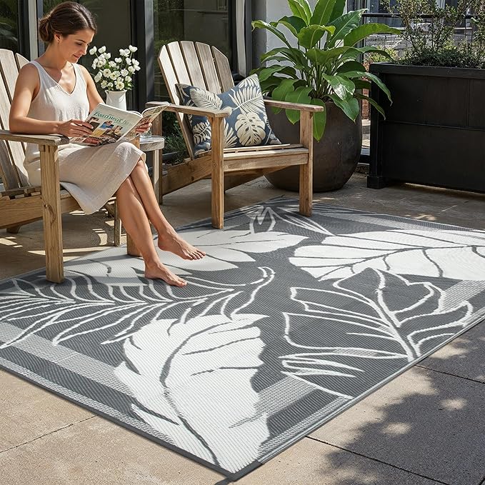 HUGEAR 5'x8' Outdoor Rug Waterproof Plastic Straw Rugs Grey Reversible Olive Leaf Mat Floor Carpet for Camping RV Deck Entryance Porch Picnic Balcony Beach Backyard