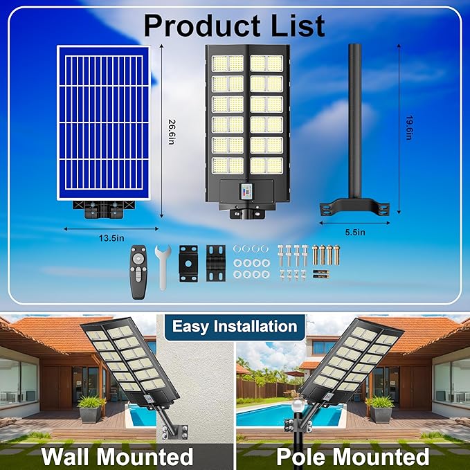 loyoele 9000W Solar Street Lights Outdoor 120000LM Commercial Parking Lot Light 7000K Solar Flood Outdoor Lights IP67 Waterproof with Motion Sensor for RoadGarden Basketball Courts
