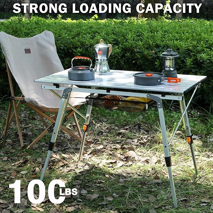Folding Outdoor Camping Table with Adjustable Legs Lightweight Aluminum Roll Up Camp Table with Carrying Bag Mesh Storage Organizer for Cooking Picnic Beach Backyards BBQ Party