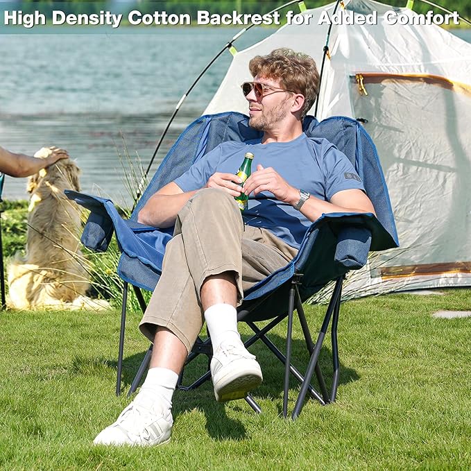 Oversized Camping Chair Portable Folding Padded Camp Chairs with Side Pocket Cup Holder Heavy Duty Support 500LBS Outdoor Lounge Chair for Adults Fishing Sports Trip Navy Blue