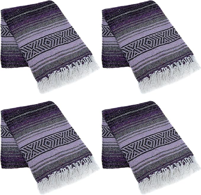 La Montana Mexican Blankets and Throws 4 Pack 74x50 - Made in Mexico Lightweight Yoga Blanket for Schools Studios Outdoors Camping Picnic Decor - Washable Dark Purple/Light Purple/Charcoal