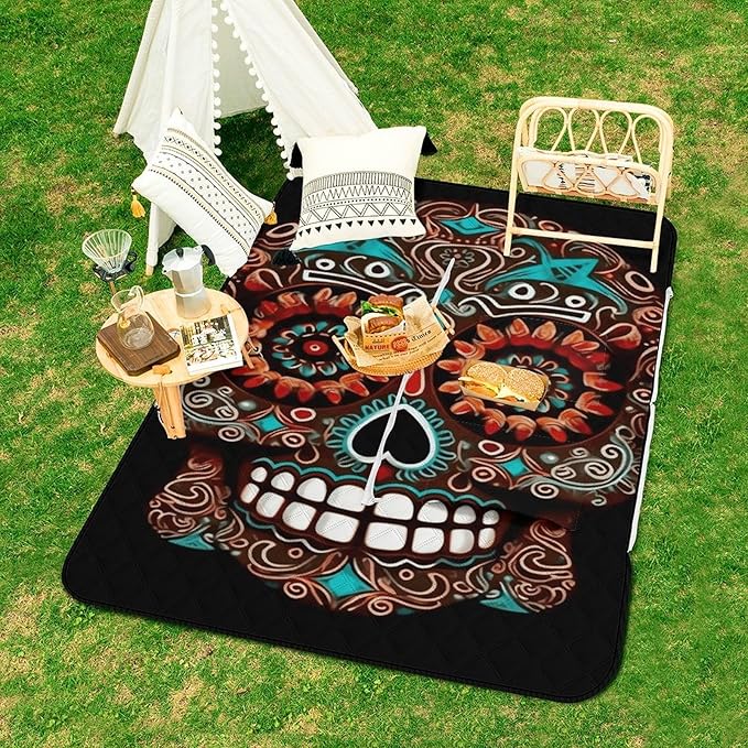 Zipper Sugar Skulls Day of The Dead Style Picnic Mat Suitable for Travel Camping Park Or Home Use