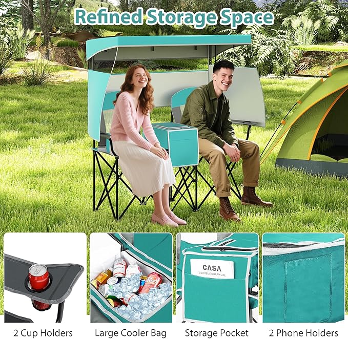 Goplus Double Beach Chair w/Adjustable Canopy Oversized Folding Camping Chair w/Roll-up Shade Cooler Bag Cup Holders Carrying Bag 2-Person Portable Loveseat for Sports Fishing (Turquoise)