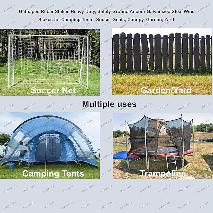 Moonmama Ground Stakes Steel Rebar Stakes Tents Nails Heavy Duty Garden Stake Ground Anchor Pegs U Shaped Metal Fences Stake for Trampolines Camping Canopies Sheds Swing Sets 10inch 10ge