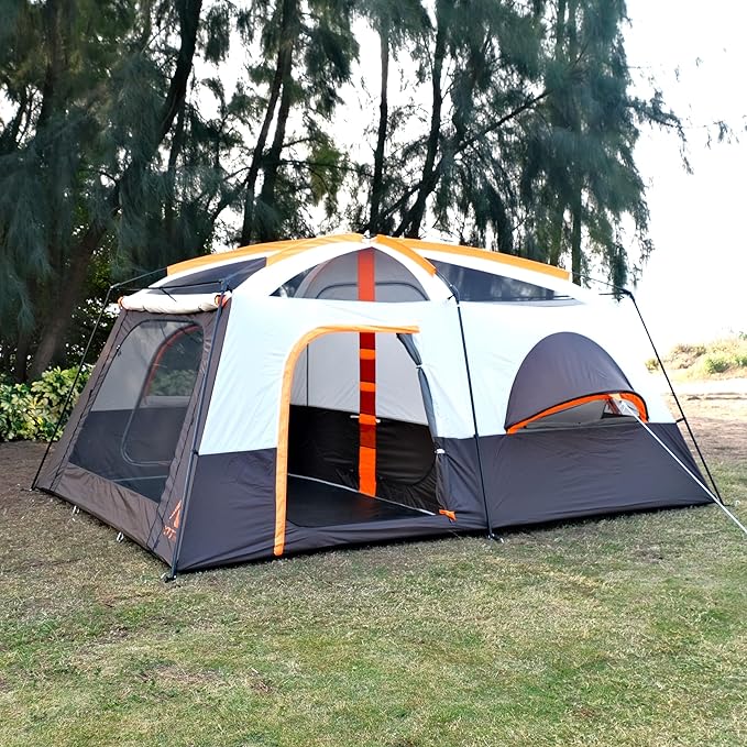 KTT Extra Large Tent 10-12-14 Person(Style-B)Family Cabin Tents2 Rooms3 Doors and 3 Windows with MeshStraight WallWaterproofDouble LayerBig Tent for OutdoorPicnicCampingFamily Gathering