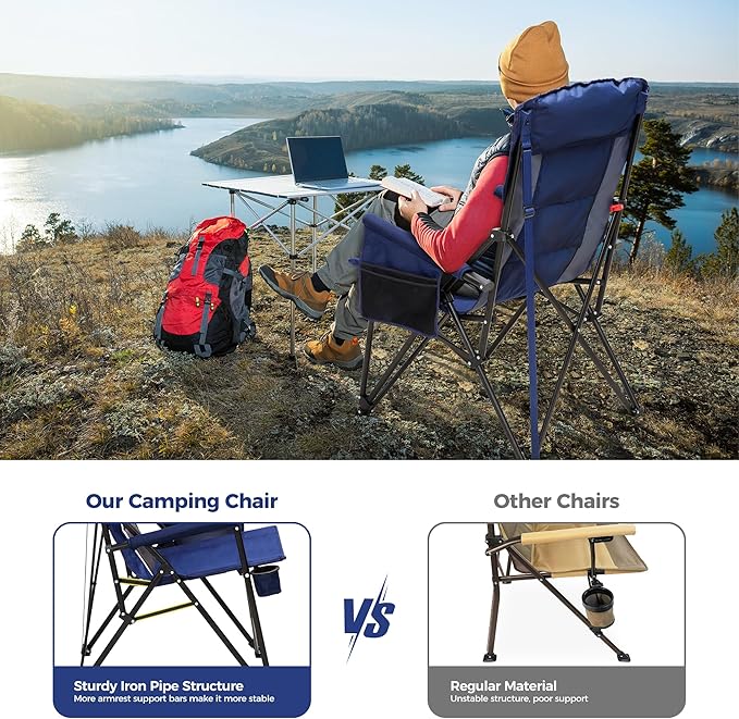 ALPHA CAMP Heavy Duty High Back Camping Chairs with Cup Holder Oversized Folding Chair Outdoor Chair with HeadrestLawn with Side Pocket for Lawn Sports and Fishing 500lbs
