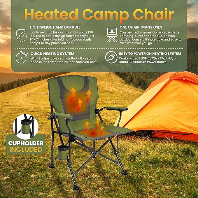 Backyard Expressions Luxury Heated Portable Camp Chair - Green/Grey - Great for Camping Sports and The Beach