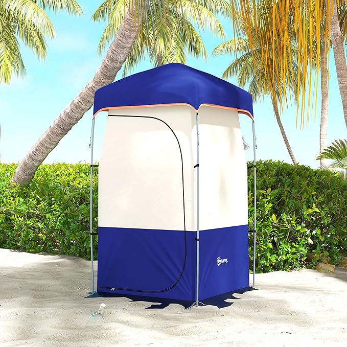 Outsunny Portable Shower Tent Privacy Shelter Camping Dressing Changing Tent Room with Solar Shower Bag Floor and Carrying Bag Blue