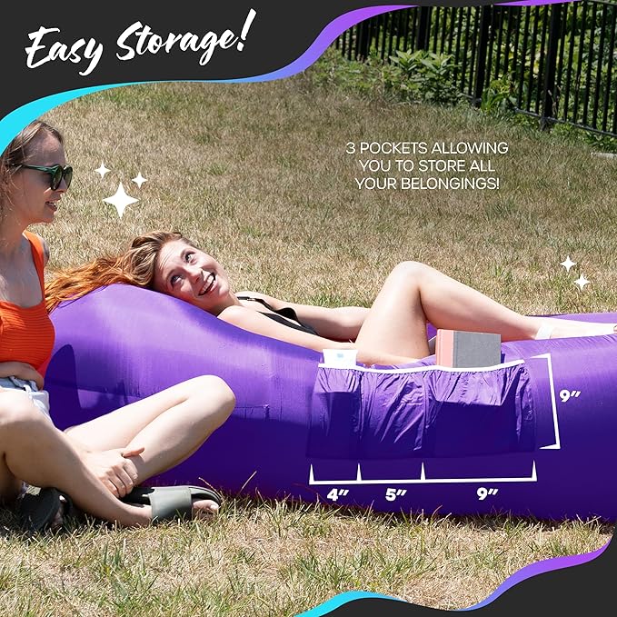 Nevlers Blue &amp Purple Inflatable Lounger 2 Pack | 210T Polyester Inflatable Chair | No-Pump Air Couch | Blow Up Couch Set w/ 450 lbs. Capacity Pockets &amp Carry Bags for Use as Beach Accessorie