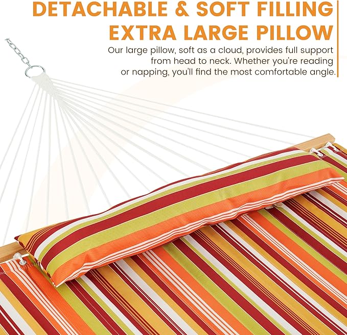 Lazy Daze Hammocks 12 FT Quilted Fabric Double Hammock with Spreader Bars and Detachable Pillow 450lbs Weight Capacity Vivid Stripe