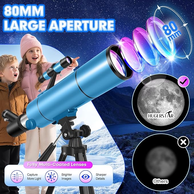 Telescope for Adults &amp Kids 80mm Aperture 500mm (20X-150X) Professional Refractor Telescope for Astronomy Beginners Portable Travel Telescopes with Tripod Phone Adapter Stickers Backpack