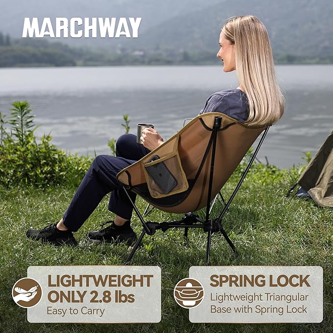 MARCHWAY Lightweight Folding Camping Chair with Spring Lock Stable Compact Portable for Outdoor Camp Travel Beach Picnic Festival Hiking Backpacking (Lowback Khaki)