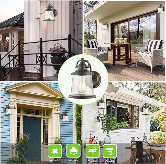 GRUENLICH Outdoor Wall Lantern Wall Sconce as Porch Lighting Fixture E26 Medium Base Metal Housing Plus Seeded Glass Oil Rubbed Bronze Finish Bulb Not Included 1-Pack
