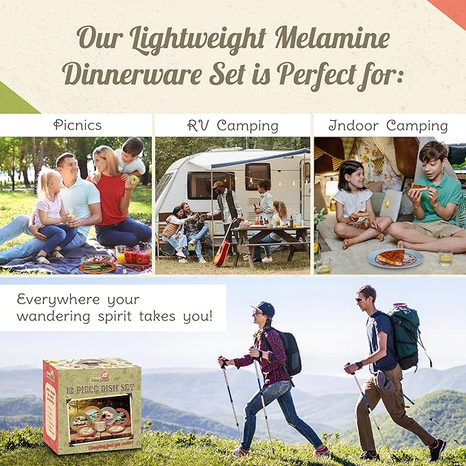 Melamine Plates &amp Bowls Set - 12-Piece Dish Set for Indoor &amp Outdoor Dining - BPA Free Top Shelf Dishwasher Suitable Dinnerware Set - Sturdy Melamine Dinnerware Sets - Camping Dishes by Camp