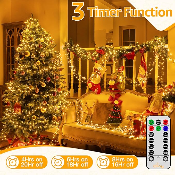 Ollny Cluster Lights Christmas 400LED 20FT Warm White Christmas Tree Lights 8 Modes Timer Remote Waterproof Connectable String Lights for Outdoor Indoor Outside Garland Xmas Decorations