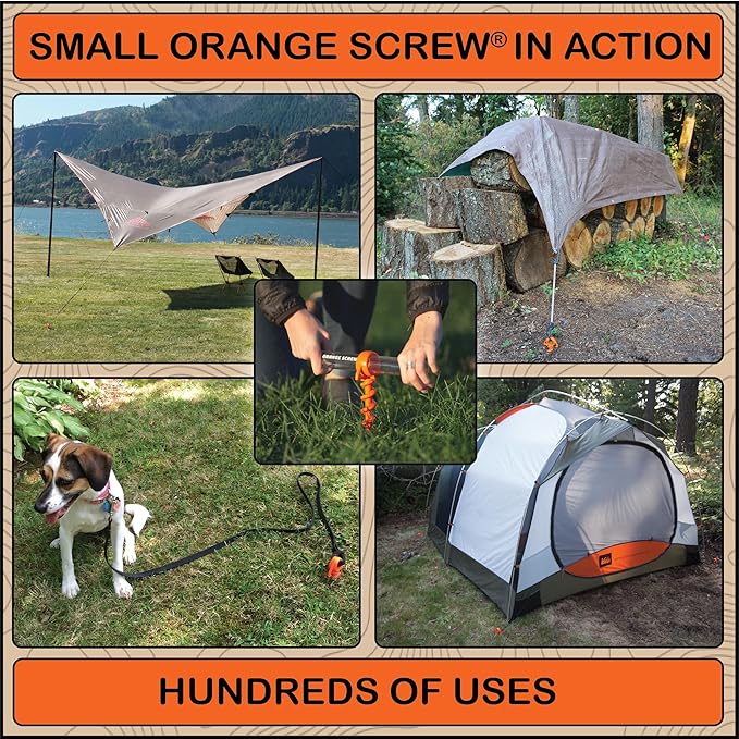 Orange Screw Ultimate Ground Anchors: Heavy Duty Screw-in Tent Stakes for High Wind Sand Canopies and Camping - Made in USA 100% Recycled Included T-Grip Tool - (Small 4 Pack)