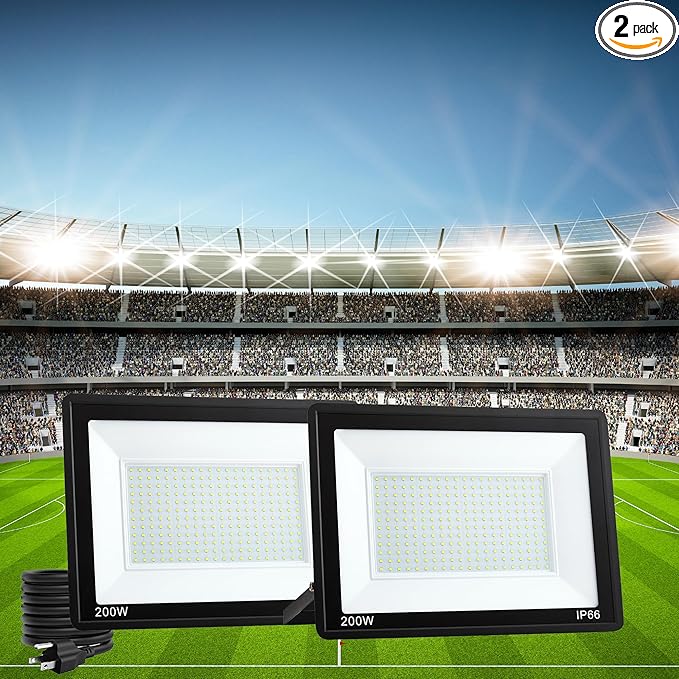 ADYENA 2 Pack 200W LED Flood Lights Outdoor Plug in 25000 LM Super Bright Led Stadium Lights Waterproof LED Work Light IP66 6000K Daylight White Floodlights for Patio Yard Garden Playground