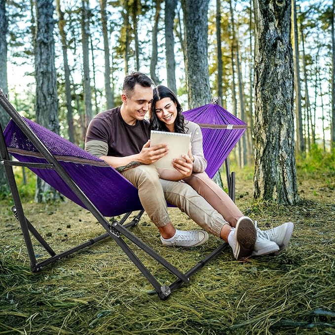 Tranquillo Universal Double Hammock with Stand Included for 2 Persons/Foldable Hammock Stand 600 lbs Capacity Portable Case - Inhouse Outdoor Camping Purple