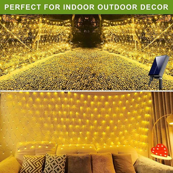 11.5FT x 5FT Solar Christmas Net Lights Outdoor with Remote 240 LED USB Warm White Mesh Lights for Bushes Waterproof 8 Modes Green Wire Christmas Trees Light Patio Indoor Decor