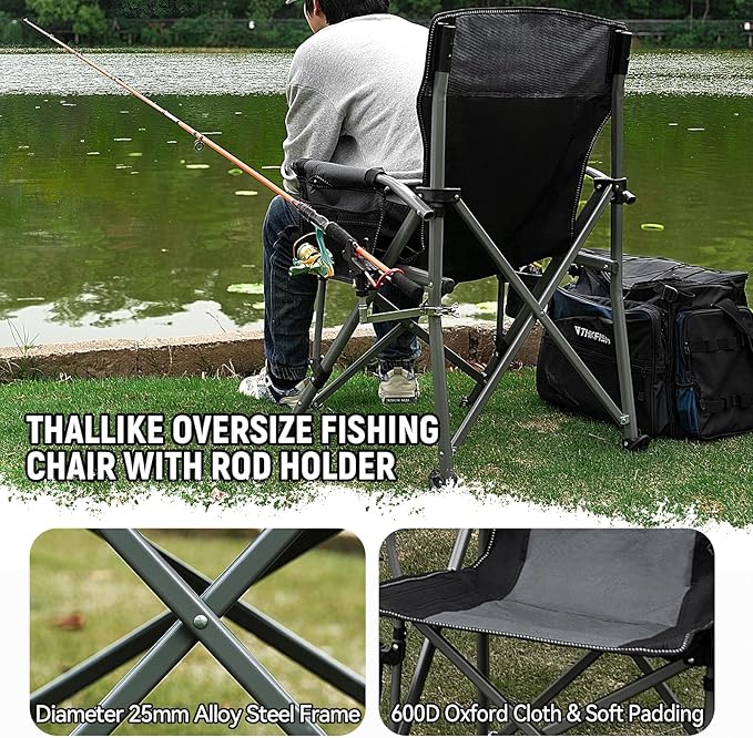 Fishing Chair with Upgraded 360° Adjustable Rod Holder Folding Ice Fishing Chairs for Adults Portable Camping Chair with Side Pocket Cup Holder for Outdoor Sports Garden Beach Lawn Picnic