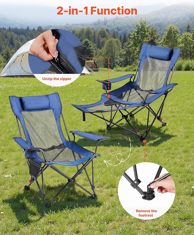 VEVOR Reclining Camping Chair 4 Adjustable Positions Portable Folding Lounger for Adults Mesh Beach Chair with Headrest &amp Foot Rest Supports 220 lbs Heavy Duty Camp Chairs for Patio Blue