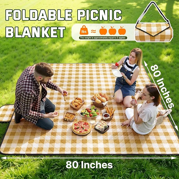 TigeJoy Extra Large Picnic Blanket Waterproof Foldable 80''x80'' Outdoor Picnic Mat Beach Blanket Sandproof for Park Grass Travel Hiking Camping Essentials Gingham Picnic Blanket