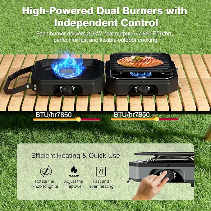 Camping Stove Portable Propane Camp Stove with Independently Adjustable Heat &amp Carry Bag Foldable Gas Stove with 2 Burners for Outdoor CookingTailgating &amp Backyard GatheringBBQ (Black)