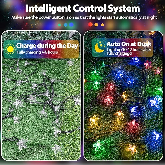 2PK 80LED 50FT Flower Solar String Lights Outdoor Waterproof Cherry Blossoms Multicolor Lights with 8 Lighting Modes Garden Decor for Outside Pathway Light for Fence Patio Yard