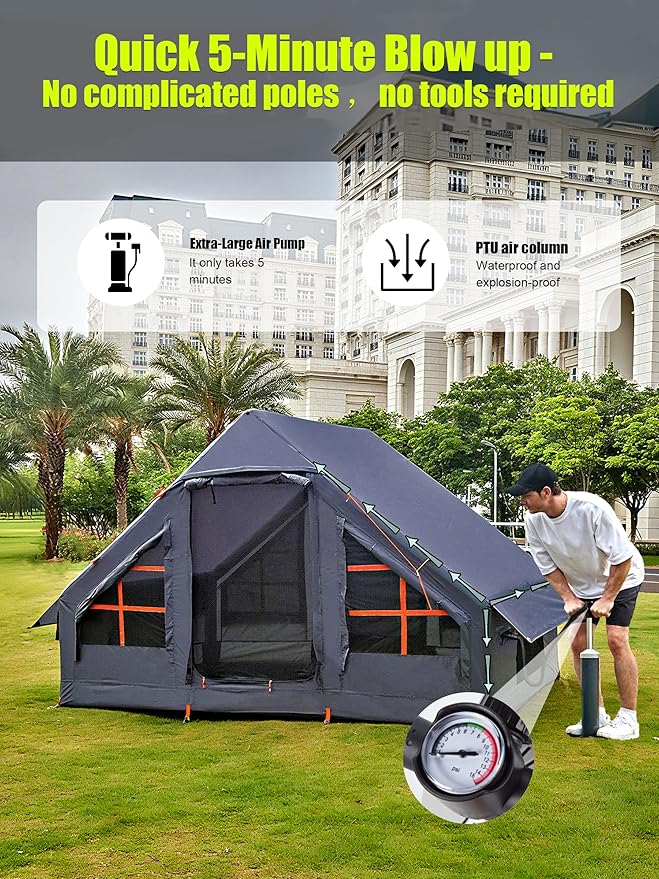 Inflatable Tents with Hand Pump Hot Tent with Stove Jack Easy Blow Up Glamping Tent with Mesh Windows 4-6 Person Instant Family Camping Tents Waterproof for 4 Seasons