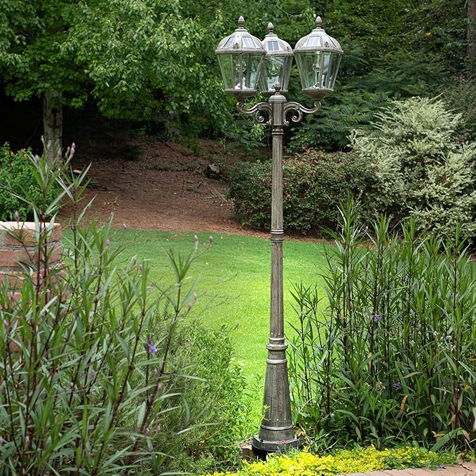 Gama Sonic Royal Bulb Solar Lamp Post Light Kit 89 inch Tall Outdoor Triple Head Weathered Bronze Cast Aluminum Rain Water Glass Light Pole Warm White 2700K 98B303 (Upgraded Panel)