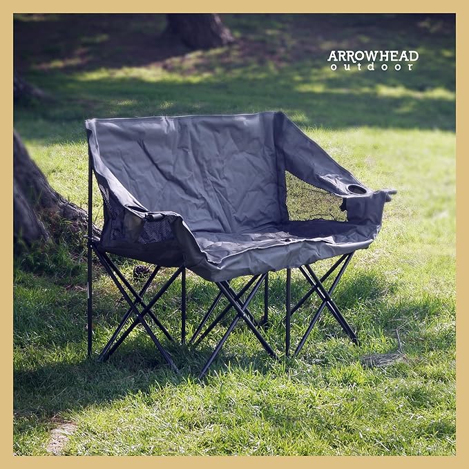 ARROWHEAD OUTDOOR 2-Pack Portable Folding Camp Loveseat Chair w/Glass &amp Cup Holders Heavy Duty Carry Bag 650 lbs Weight Capacity