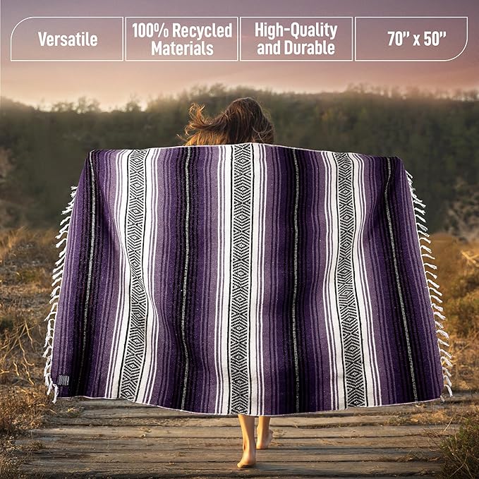Hydration Nation Authentic Large Handwoven Mexican Blanket - Soft Yoga- Durable Serape- Lightweight Falsa Beach Camping Picnic Outdoor Blanket 70x50 - Lavender Jade