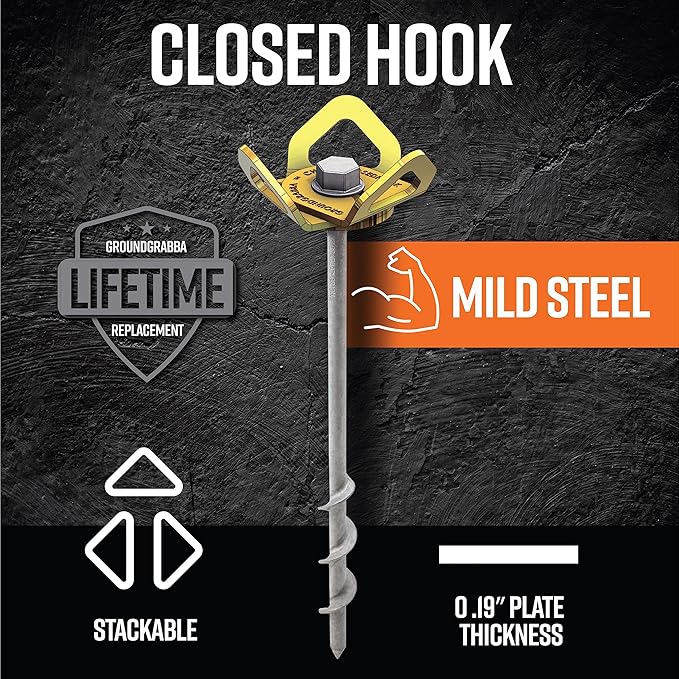 GROUNDGRABBA Screw in Tent Stake for Normal to Hard Ground | Premium Drill Driven Ground Anchor Earth Screws | 2X Pro I Stakes (1.5 Foot) 2X Closed Hooks 1X 5/8 Hex Socket Driver