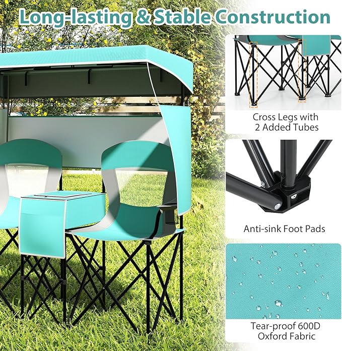 Goplus Double Beach Chair w/Adjustable Canopy Oversized Folding Camping Chair w/Roll-up Shade Cooler Bag Cup Holders Carrying Bag 2-Person Portable Loveseat for Sports Fishing (Turquoise)
