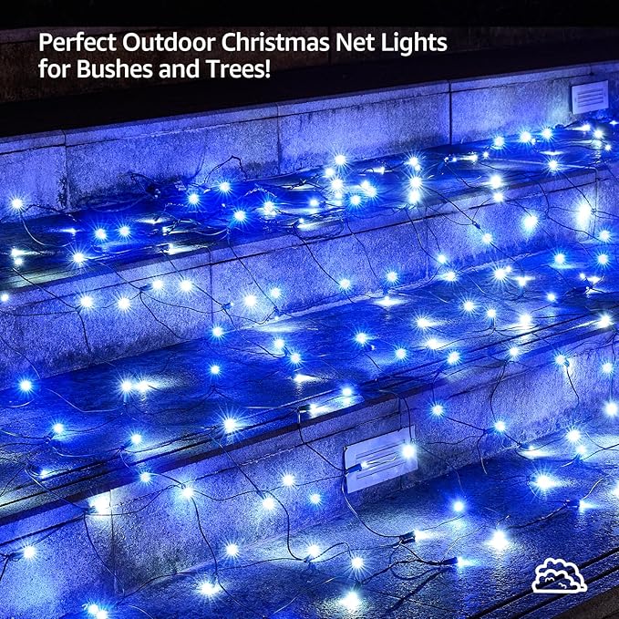 Led Christmas Net Lights White and Blue Outdoor Christmas Lights 160LED 5ftx7ft Connectable Outdoor Indoor Fairy Mesh Net Light for Party Yard Patio Trees Shrubs Bushes Decorations