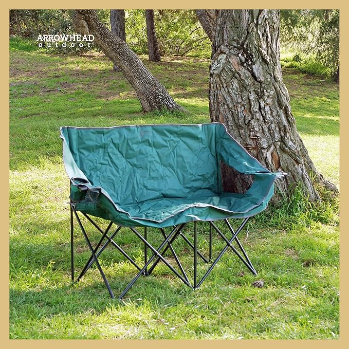 ARROWHEAD OUTDOOR Portable Folding Double Duo Camping Chair Loveseat w/ 2 Cup &amp Wine Glass Holder Carrying Bag Supports up to 500lbs
