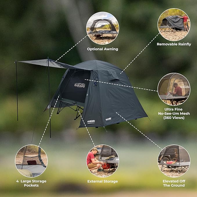 Kakadu Camping Tent Cot 2 Person Quick Setup Folding Compact Elevated Tent with BlockOut Rain Fly Awning Poles Ultra-Fine Mesh Windows and Carry Bag