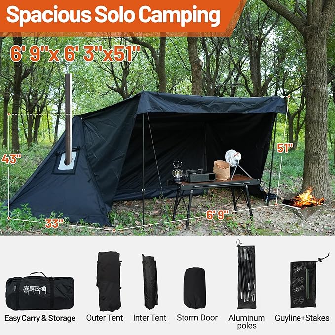 Hot Tent for 1-2 Person PU3000mm Waterproof Aluminum Poles for Winter Camping with Stove Jack (Fire-Resistant) Ventilation Mesh &amp Windproof Enclosure Multi-Use for Cooking Relaxing &amp Over