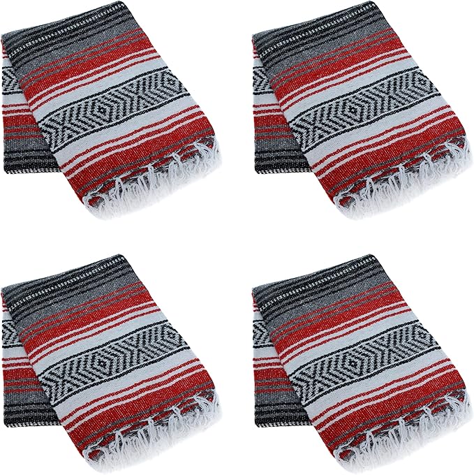 La Montana Mexican Blankets and Throws 4 Pack 74x50 - Made in Mexico Lightweight Yoga Blanket for Schools Studios Outdoors Camping Picnic Decor - Machine Washable Red/Charcoal/White