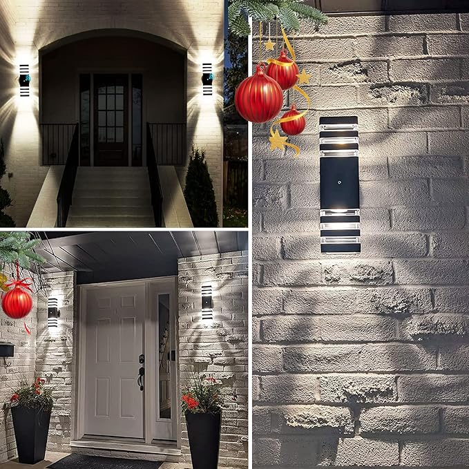 tewei Dusk to Dawn Outdoor Wall Lights Modern Exterior Light Fixture 3-Layer Up and Down Matte Black Outdoor Lights IP65 3000K Warm White Waterproof Modern Wall Sconce for Garage Porch 2 Pack