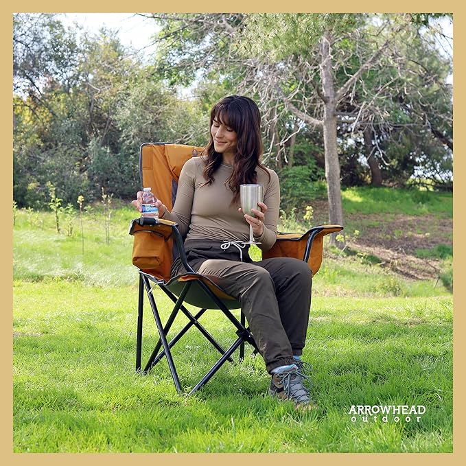 ARROWHEAD OUTDOOR 2-Pack Portable Folding Camping Quad Chair w/ 6-Can Cooler Cup &amp Wine Glass Holders Heavy-Duty Carrying Bag Padded Armrests Headrest &amp Seat Supports up to 550lbs