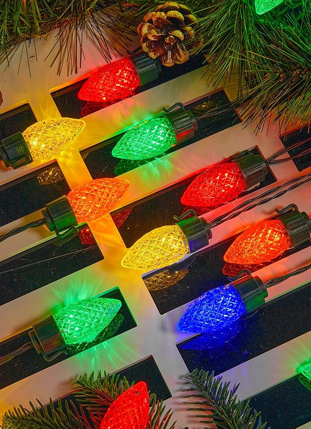 Solar Christmas Lights Outdoor 2 Pack 50 LED C9 Strawberry String Light with Timer &amp 8 Light Mode Waterproof Solar Christmas Tree Lights for Outside Garden Patio Party Christmas Decor Multicolo