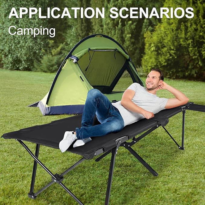 YSSOA Folding Camping Cot with Table for Adults Portable and Lightweight Sleeping Bed for Outdoor Traveling Hiking Easy to Set up Black