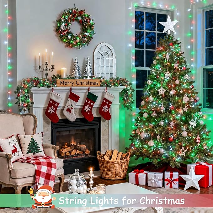 JMEXSUSS 2 Pack Red White and Green Christmas Lights Battery Operated Each 33ft 100 LED Battery String Lights with Remote Christmas String Lights for Tree Bedroom Porch Garland Yard Xms Decor