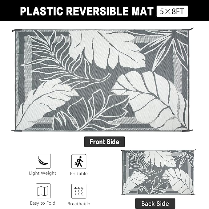 HUGEAR 5'x8' Outdoor Rug Waterproof Plastic Straw Rugs Grey Reversible Olive Leaf Mat Floor Carpet for Camping RV Deck Entryance Porch Picnic Balcony Beach Backyard