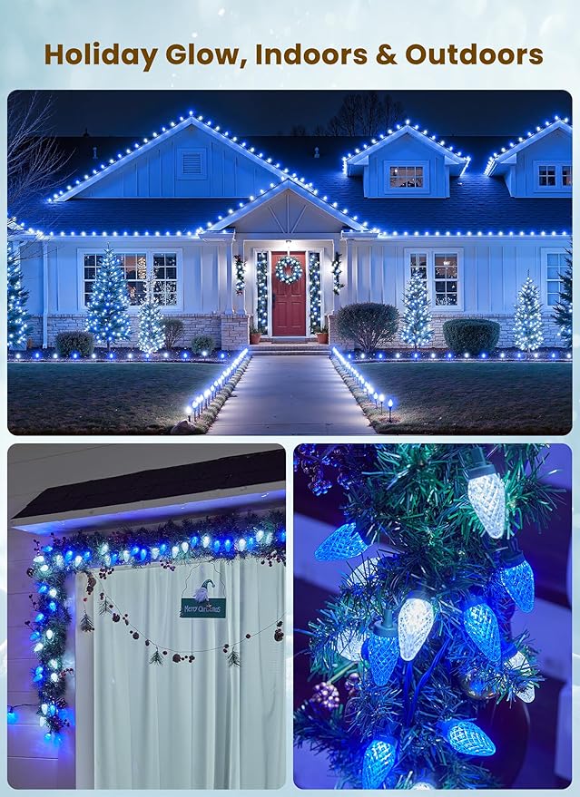 C9 LED Christmas Lights Outdoor 68Ft 100 LED String Lights with Quick Clips Commercial Grade Extendable Waterproof Outdoor Christmas Lights for House Outside Roofline Xmas Decor Blue &amp Pure Whi