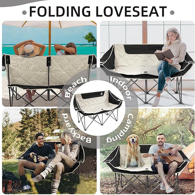 Elevon Camping Chair Oversized Loveseat Double 2 Person Outdoor Chair with Arms Cup Holder and Carry Bag Heavy-Duty Collapsible Chair for OutsideBlack/White