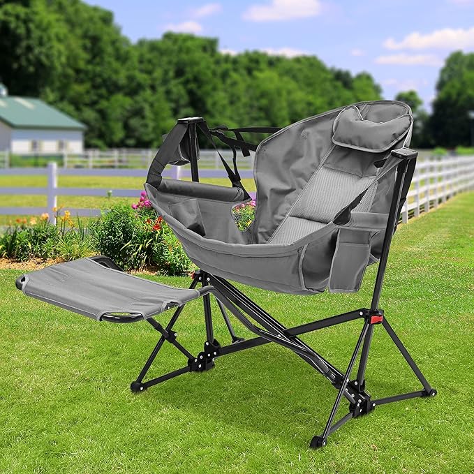 Ainfox Hammock Camping Chair with Footrest Heavy Duty Foldable Portable Rocking Hammock Chairs Outside Swinging Camp with Cup Holder Pillow for Outdoor Patio Poolside Grey 2 Pack