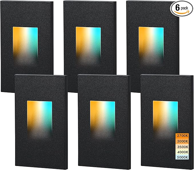 CLOUDY BAY 120V Dimmable 5 Color LED Indoor Outdoor Step Light2700K/3000K/3500K/4000K/5000K 3W 35lmStair LightsBlack6 Pack