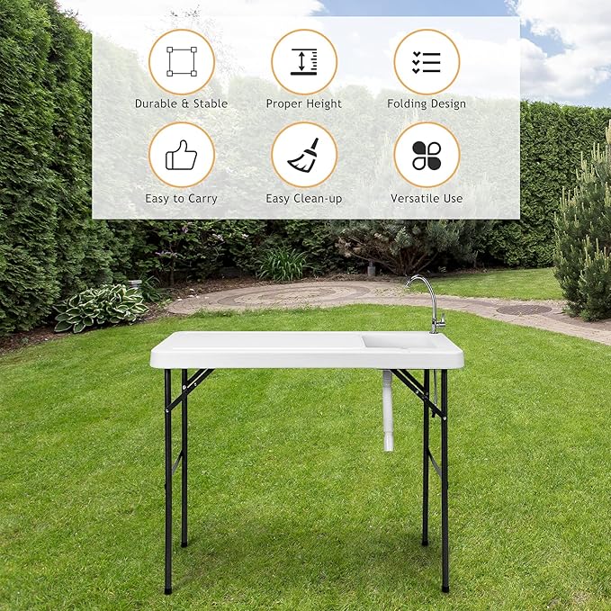 Fish Cleaning Table with Sink Portable Camping Table w/Flexible Faucet Drainage Hose Hook Up Outdoor Fish Cleaning Station for Garden Backyard Kitchen